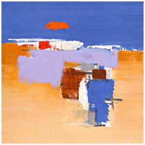 een abstract schilderij met blauwe, oranje en rode kleuren