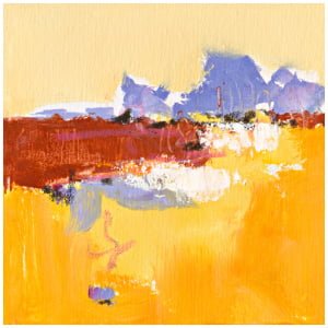 een abstract schilderij met gele en rode kleuren