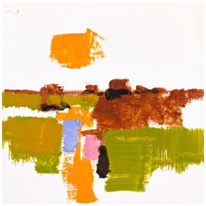 een abstract schilderij met oranje, groene en blauwe kleuren