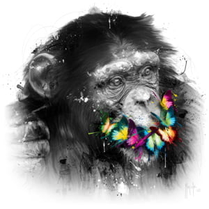 een aap met kleurrijke vlinders om zijn nek