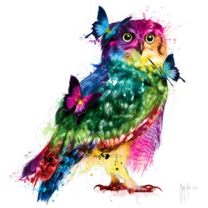 een kleurrijke vogel met vlinders op zijn kop