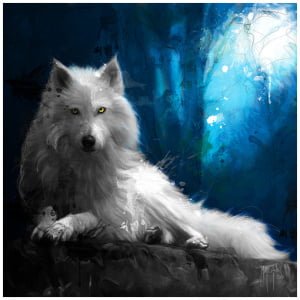 een schilderij van een witte hond die voor een blauwe achtergrond zit