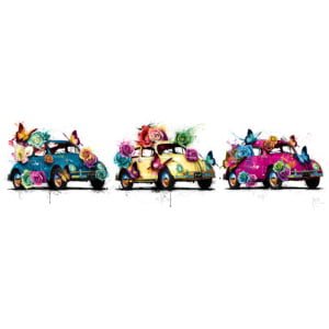 drie kleurrijke auto's met bloemen op de motorkappen