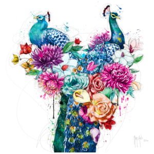 een schilderij van twee pauwen en bloemen in een vaas