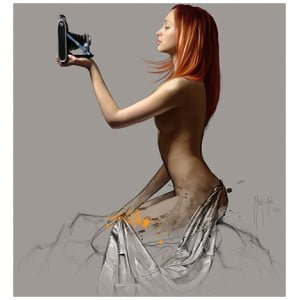 een schilderij van een vrouw die een mobiele telefoon vasthoudt