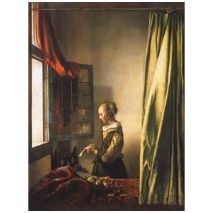een schilderij van een vrouw die uit het raam kijkt