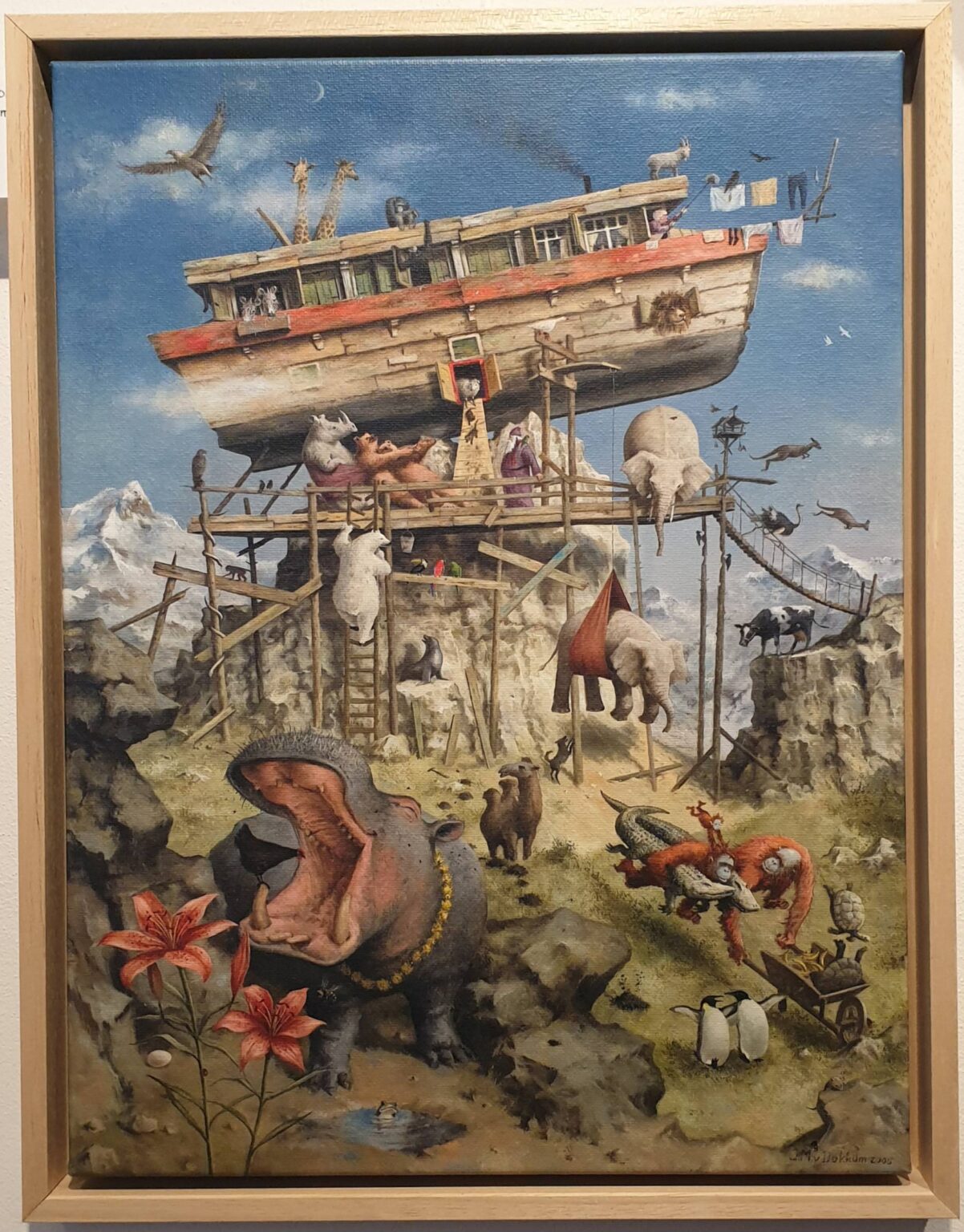 een schilderij van een boot met dieren en mensen erop