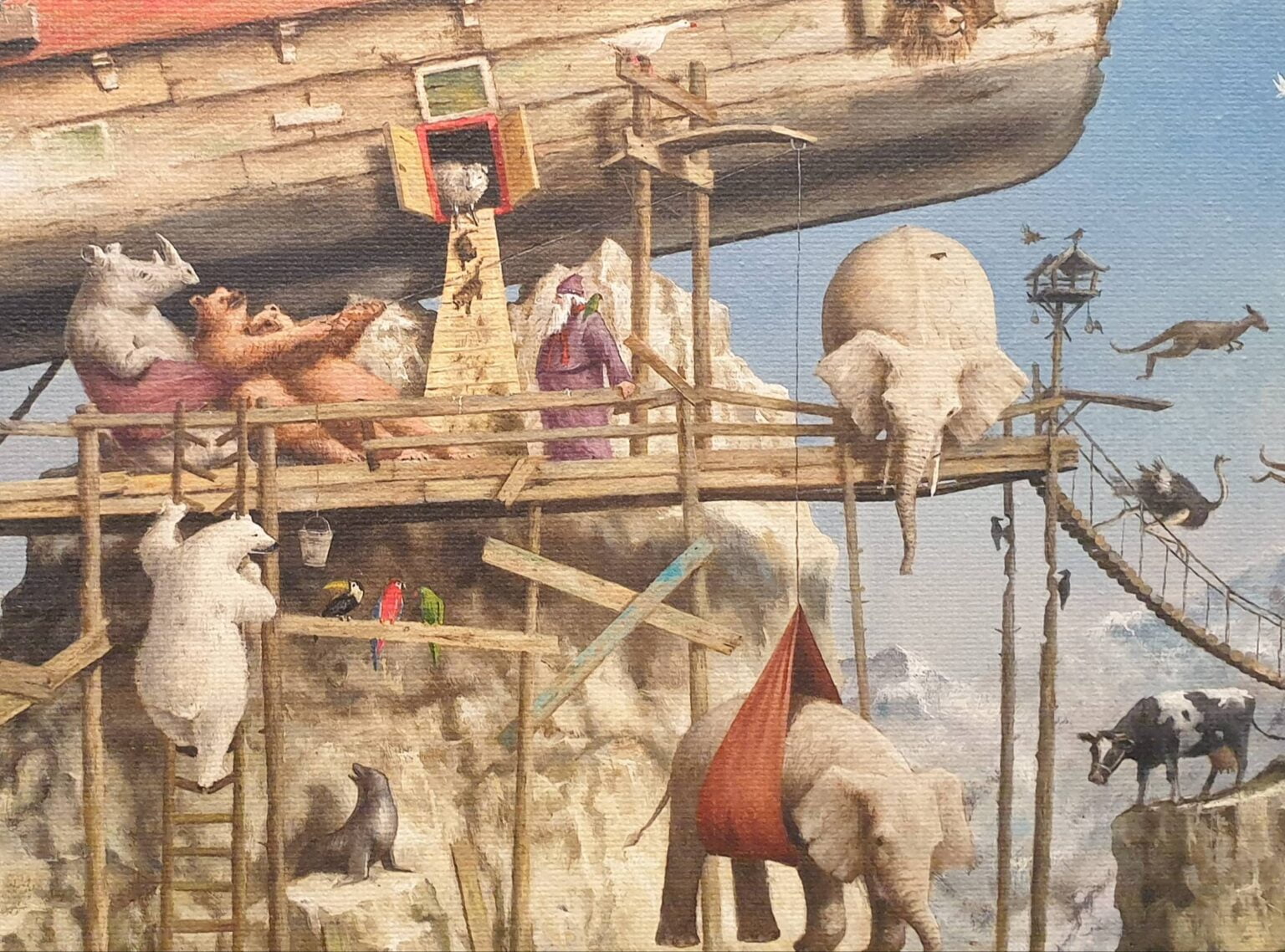 een schilderij van dieren en mensen op een brug