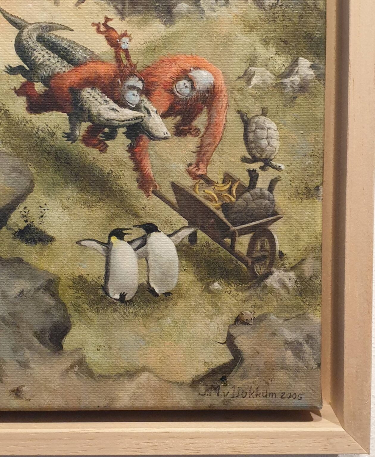 een schilderij van een dier dat een kruiwagen trekt