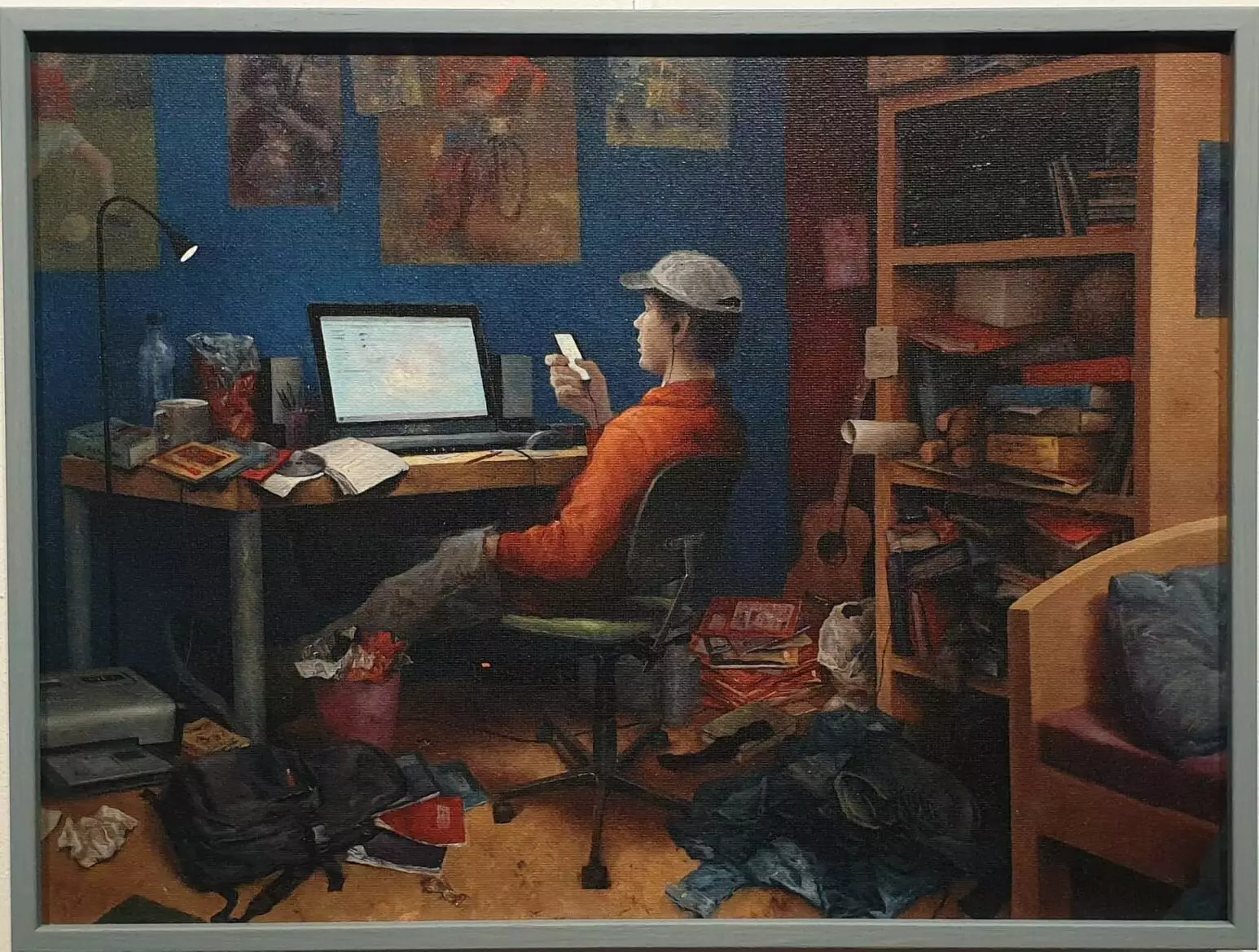 een schilderij van een man die aan een bureau zit met een computer