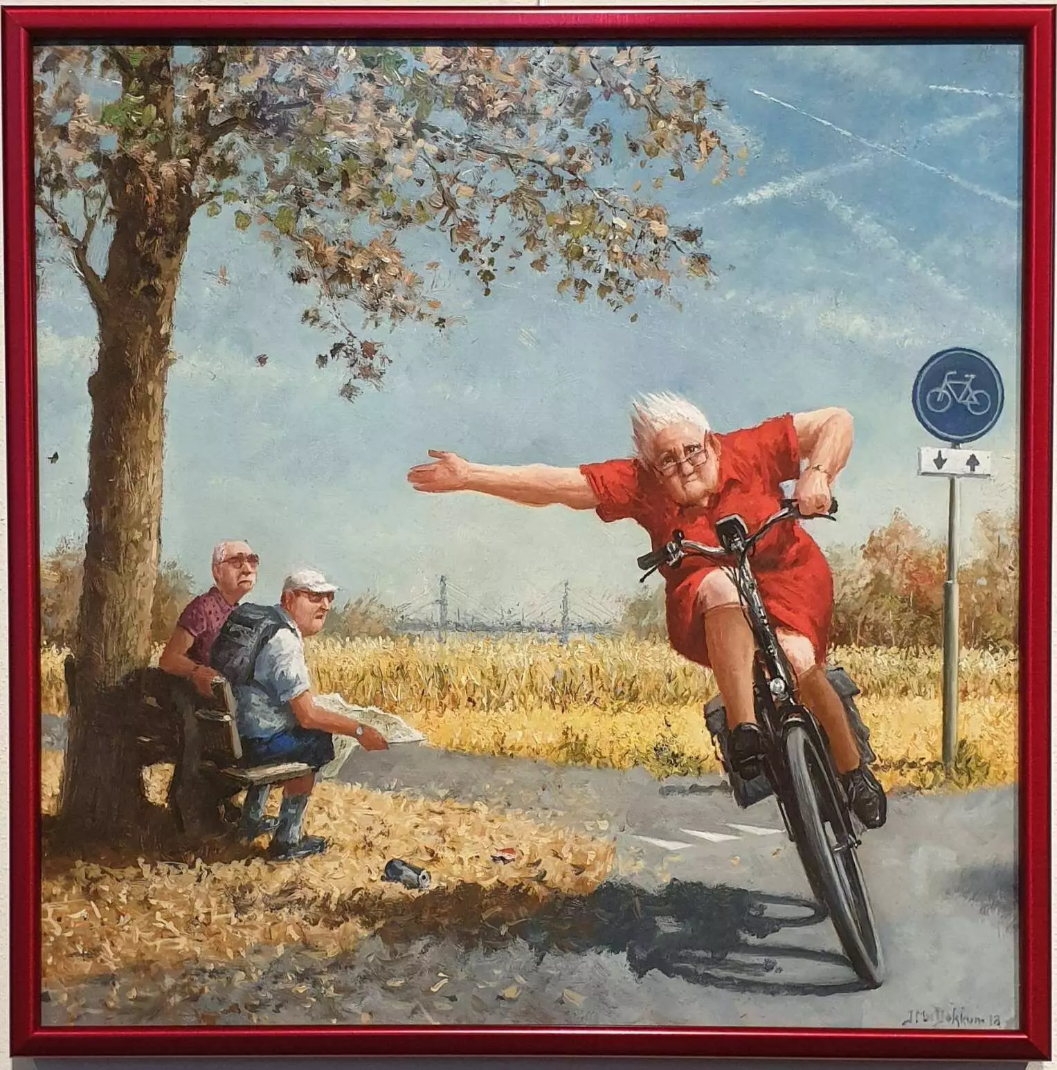 een schilderij van een man op een fiets