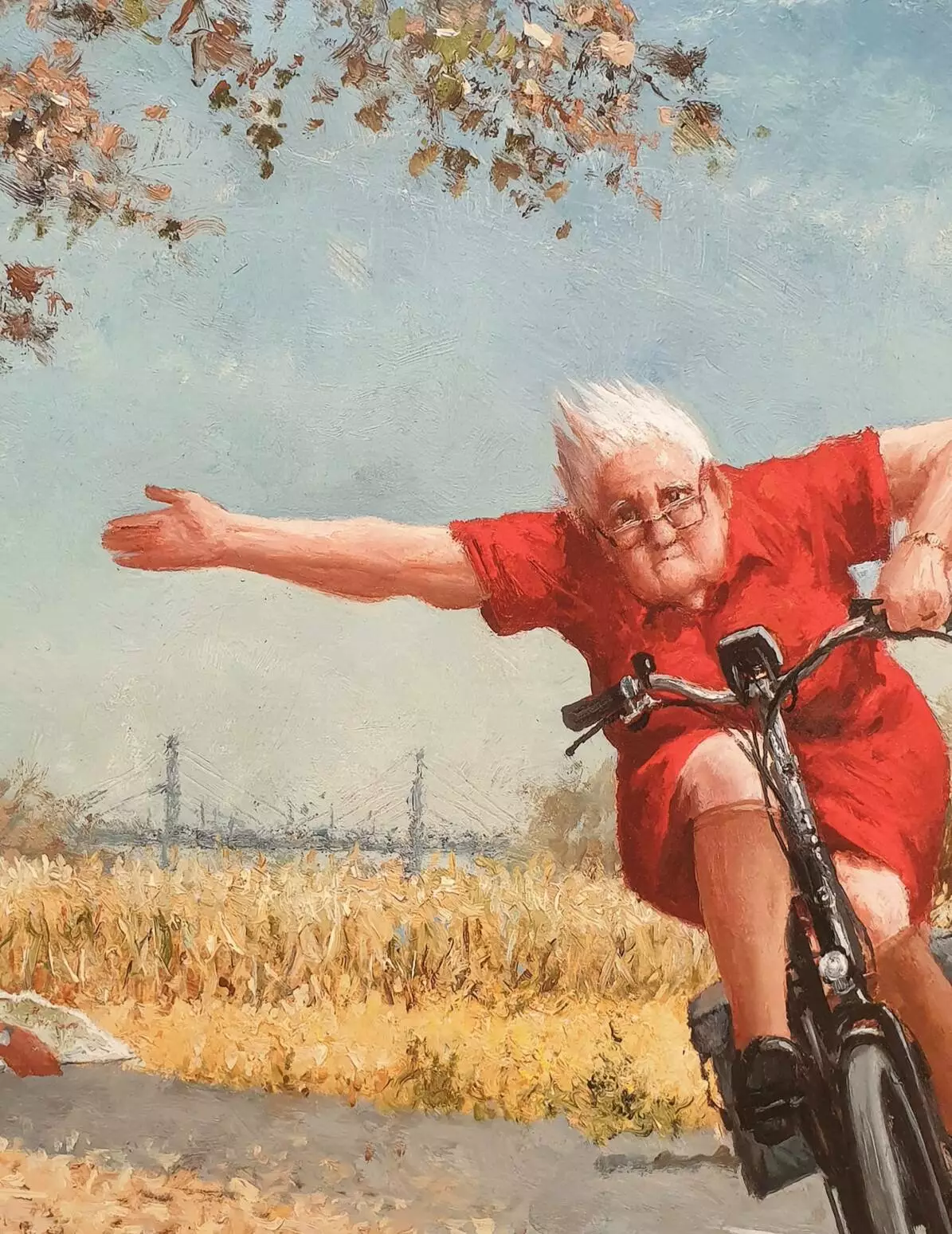 een schilderij van een oudere man op een fiets