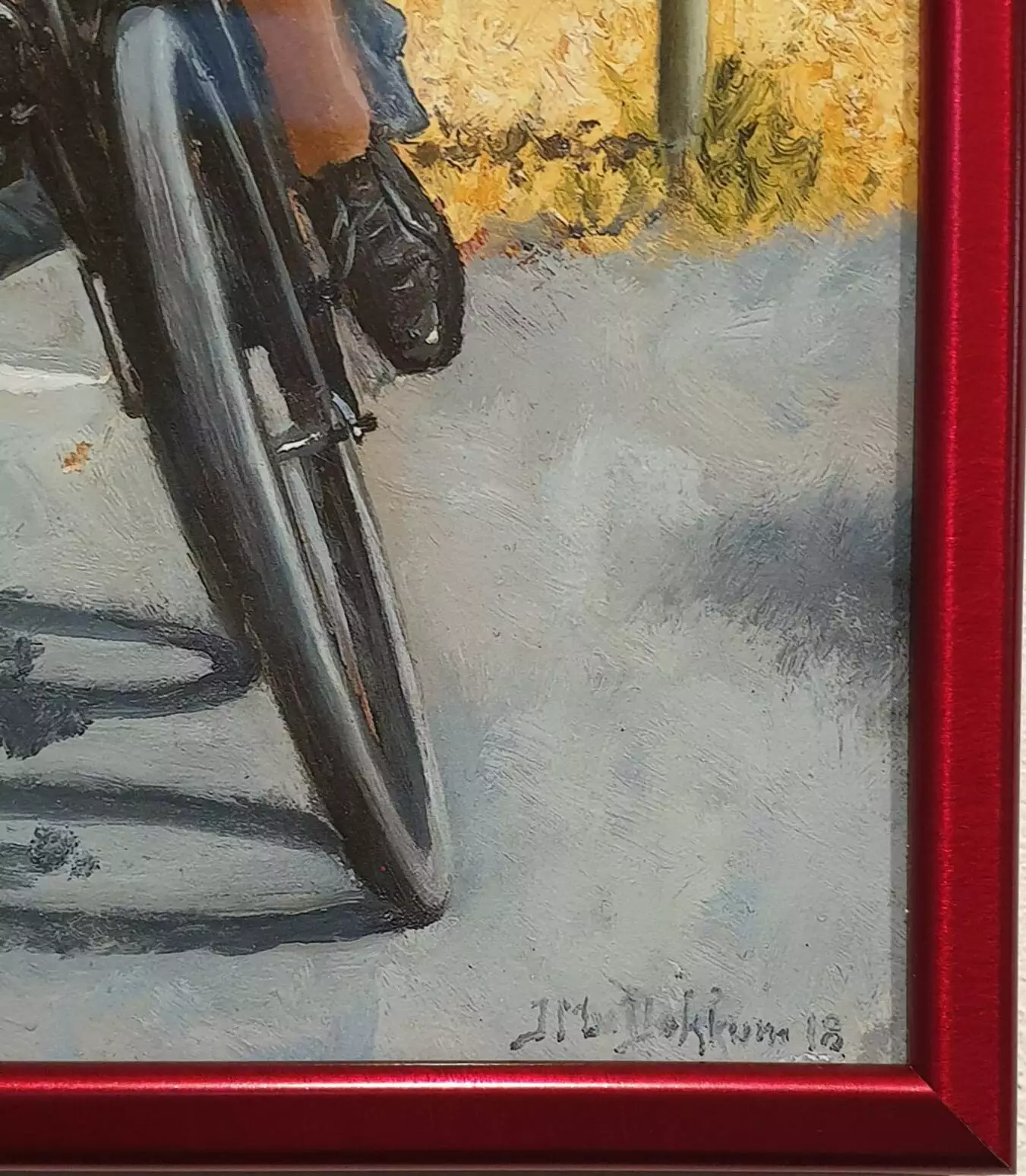 een schilderij van een persoon die op een fiets rijdt