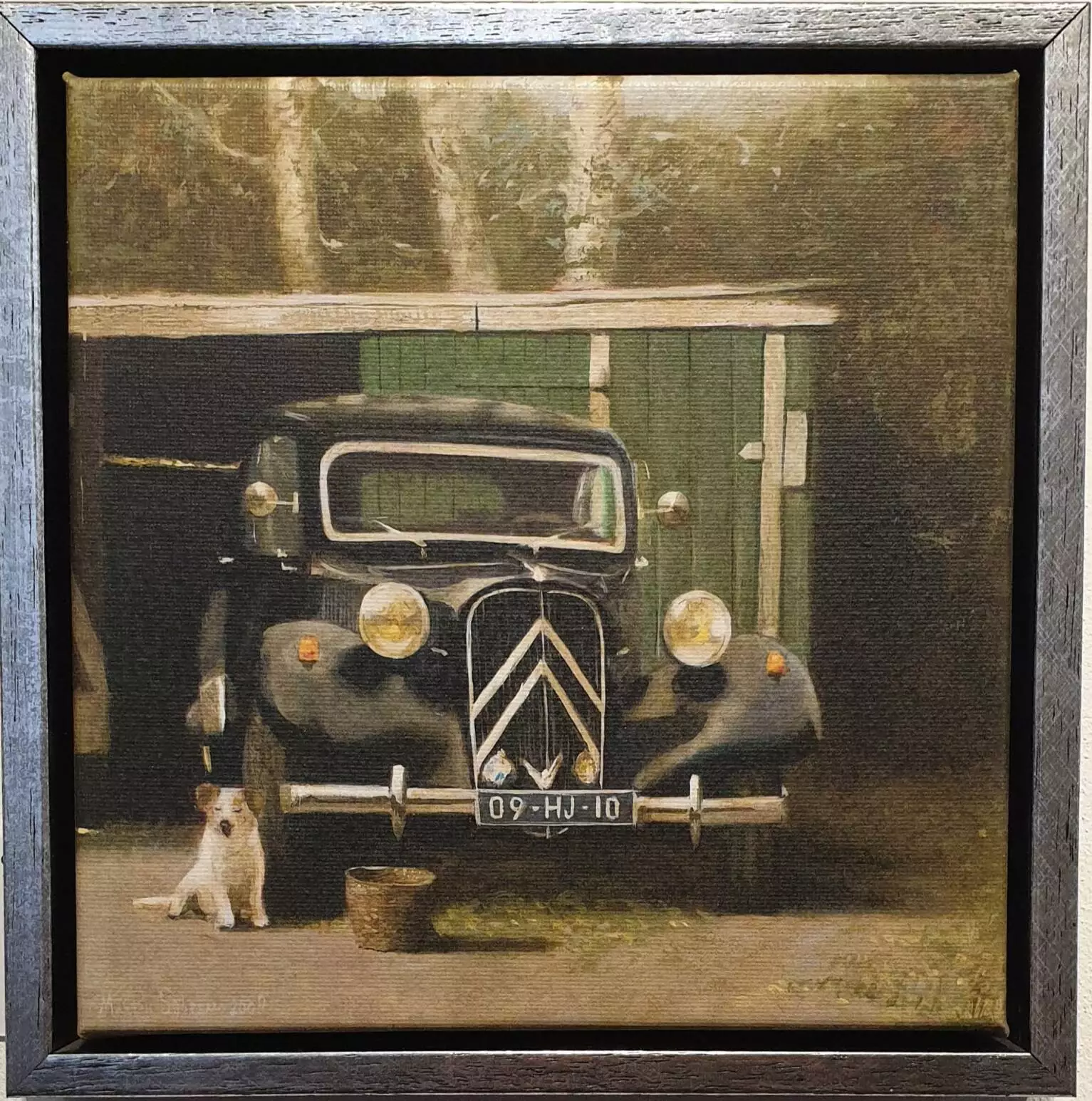 een schilderij van een oude vrachtwagen met een hond ervoor