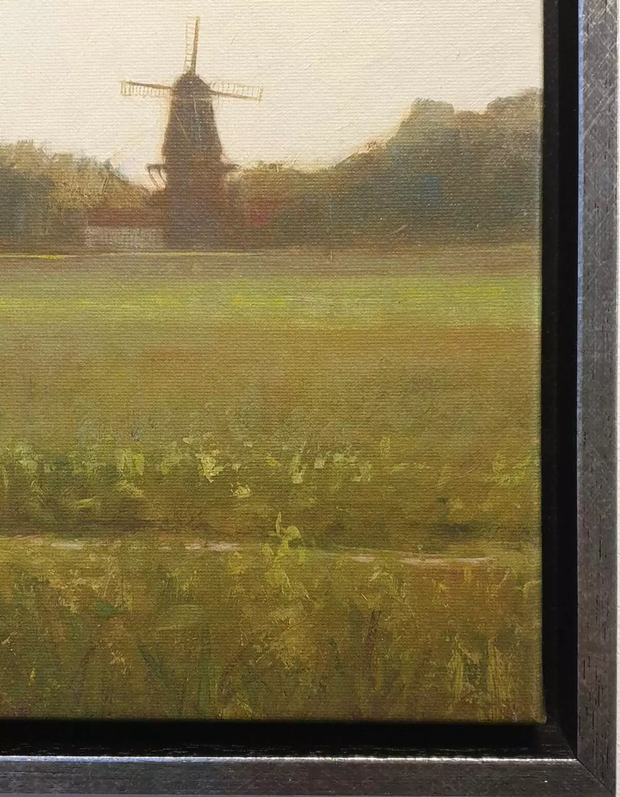 een olieverfschilderij van een windmolen in een veld