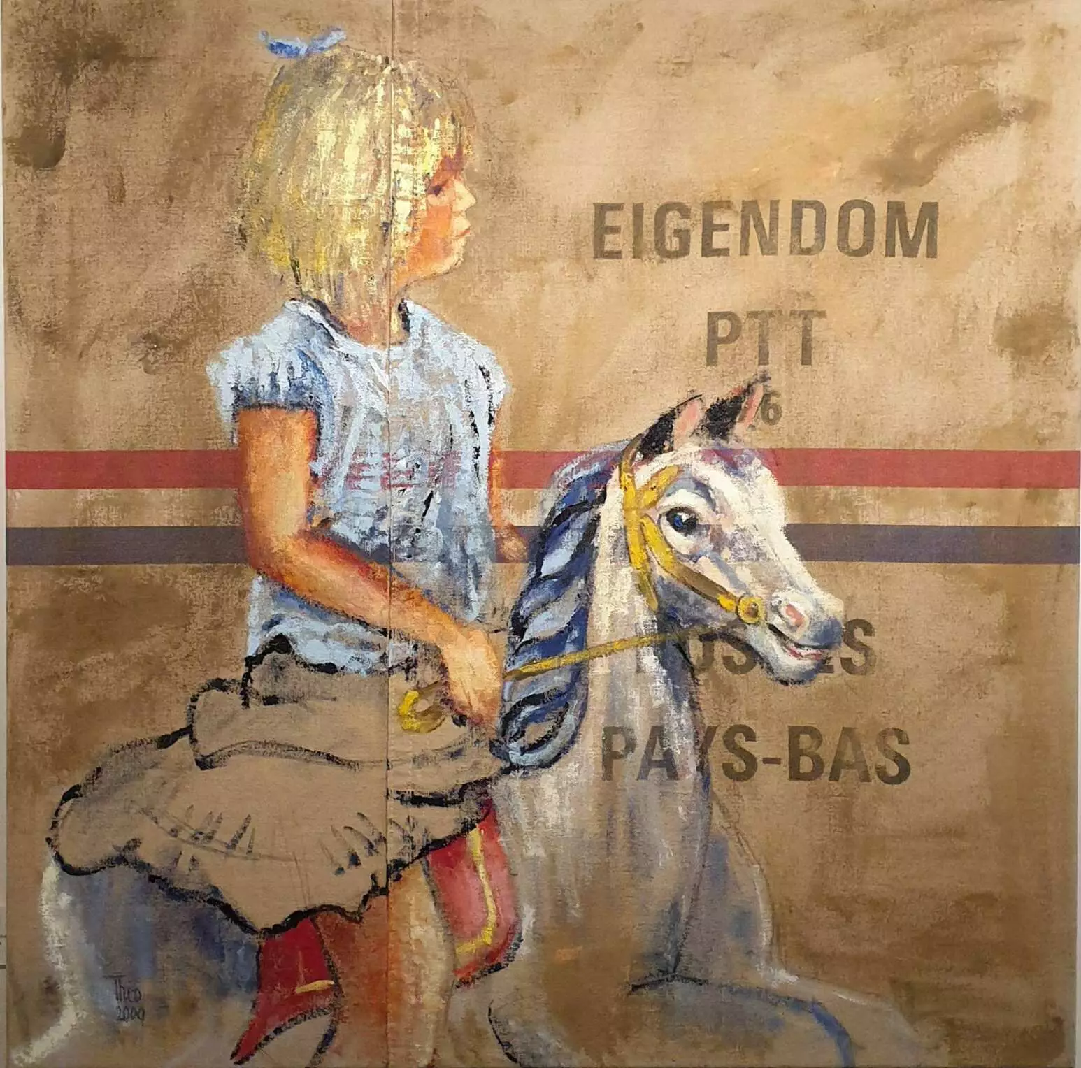 een schilderij van een jong meisje dat op een paard rijdt