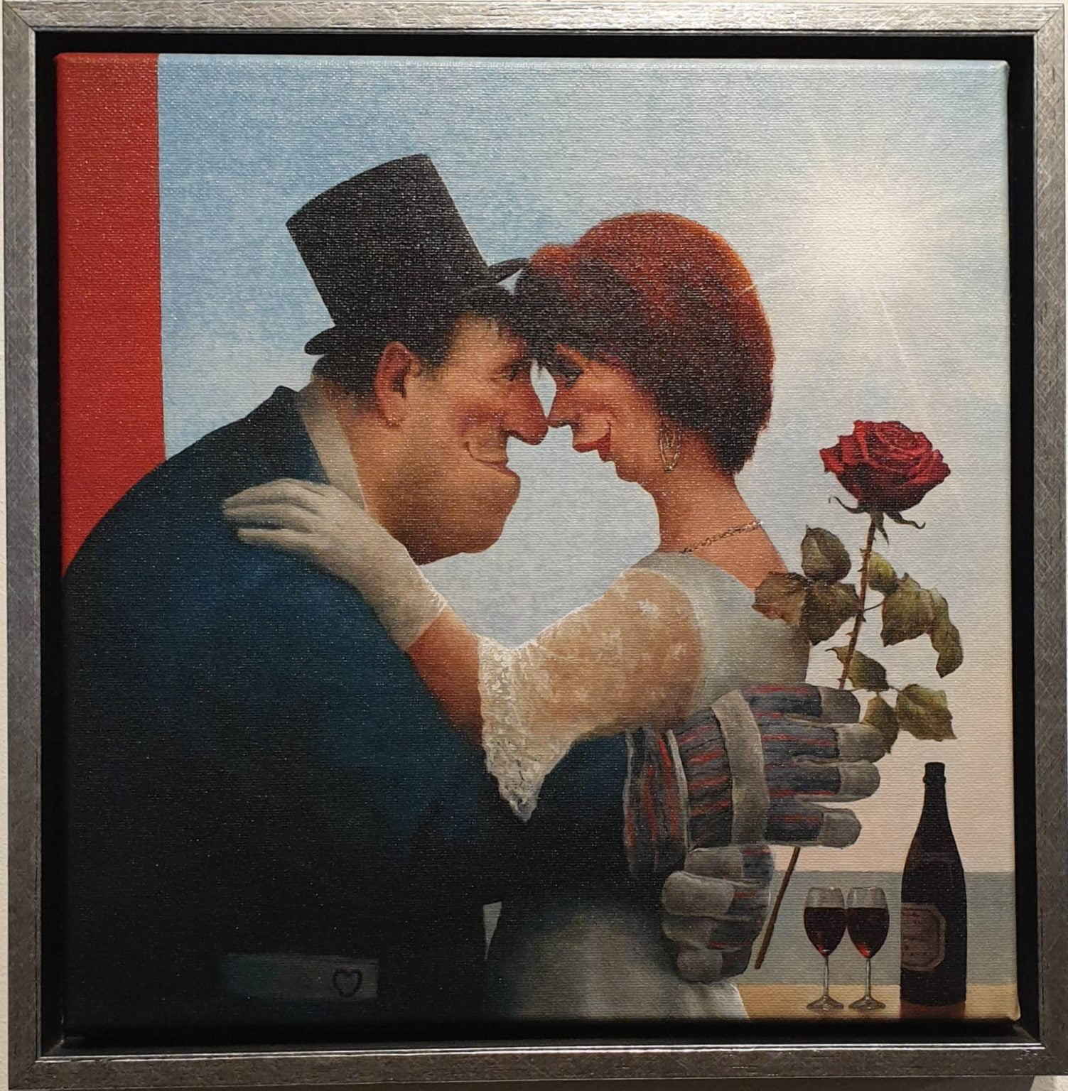een schilderij van een man en een vrouw die elkaar omhelzen