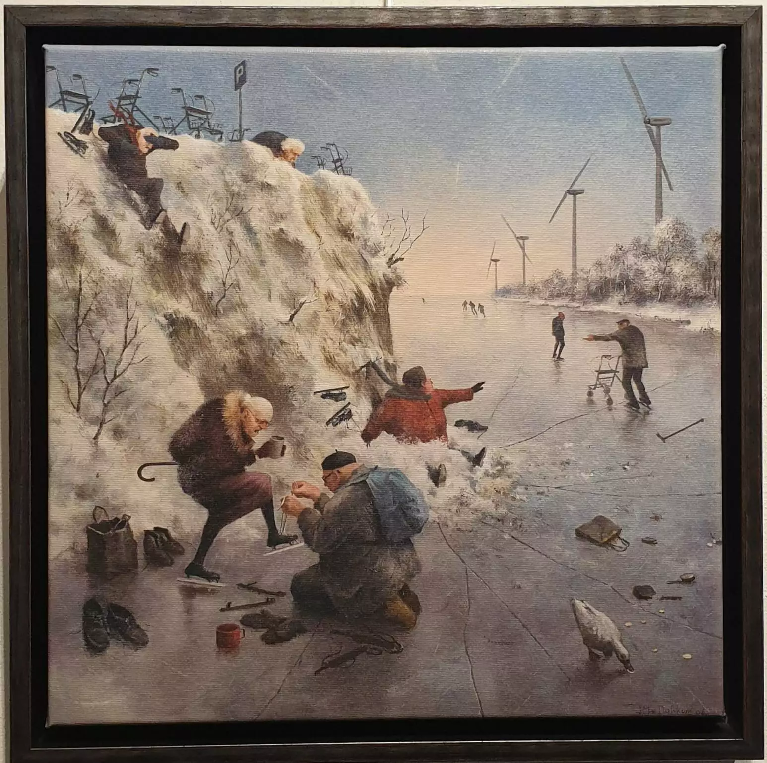 een schilderij van mensen die in de sneeuw spelen