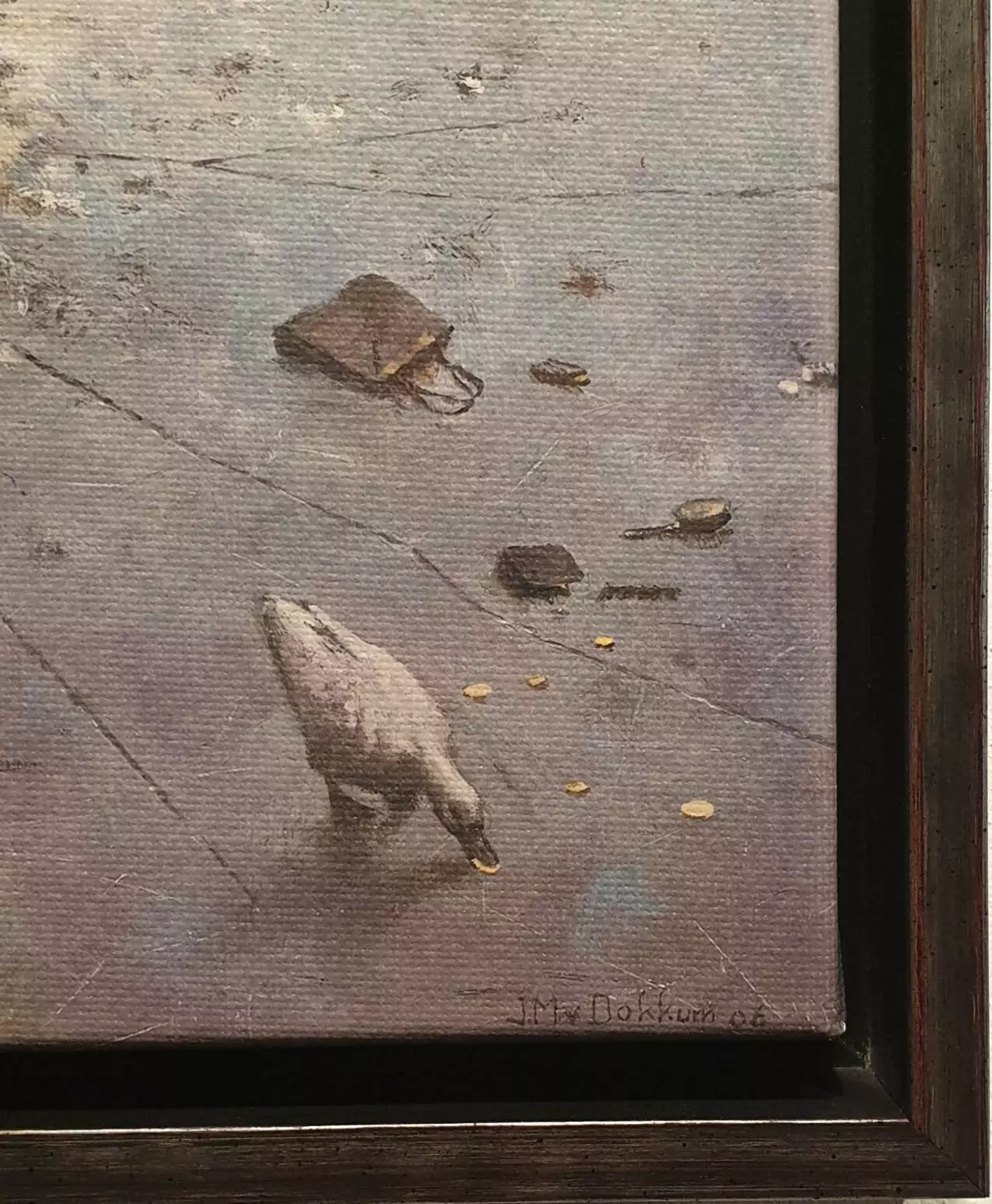 een schilderij van een vogel op de grond