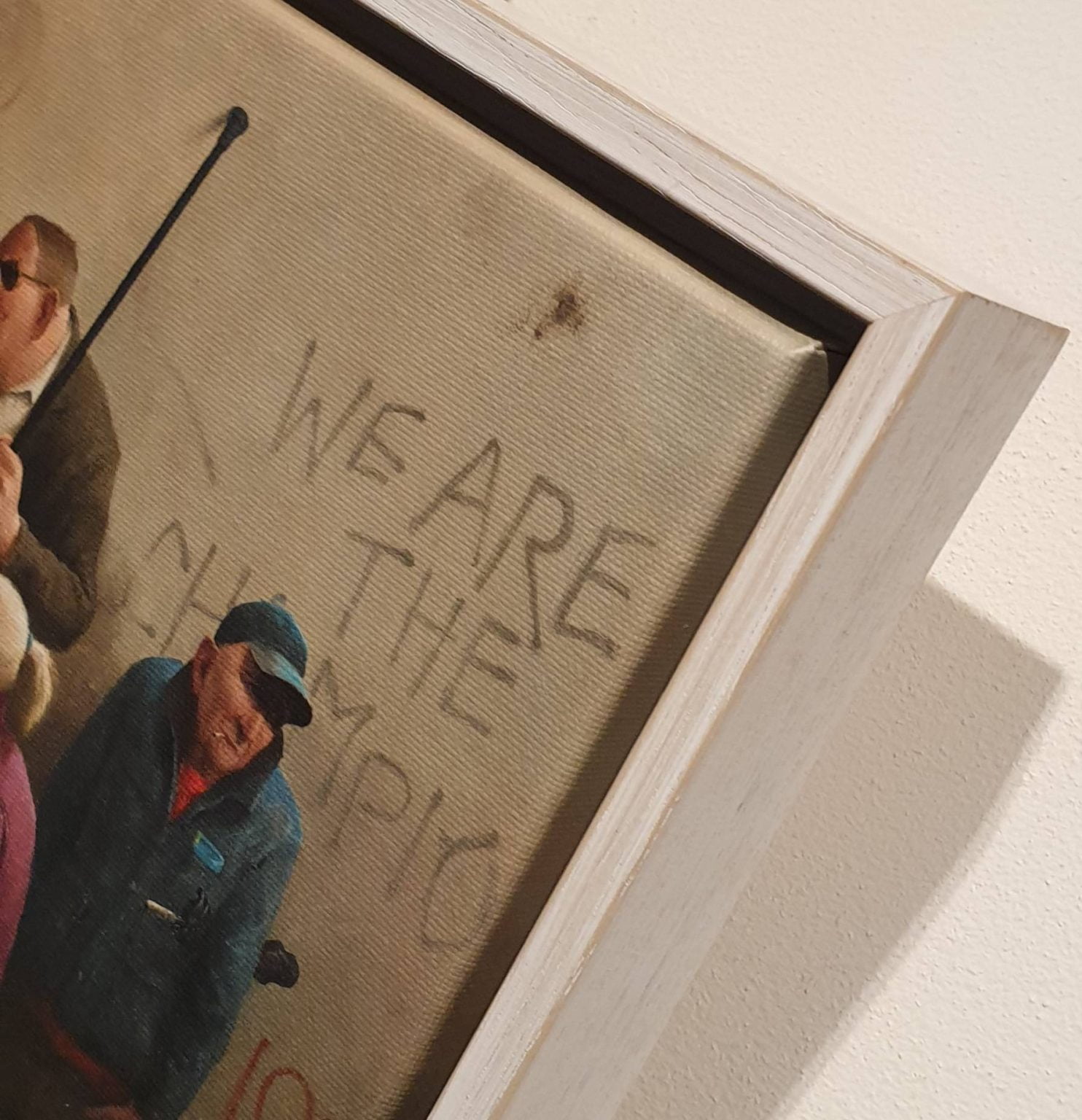 een schilderij van twee mensen die een honkbalknuppel vasthouden
