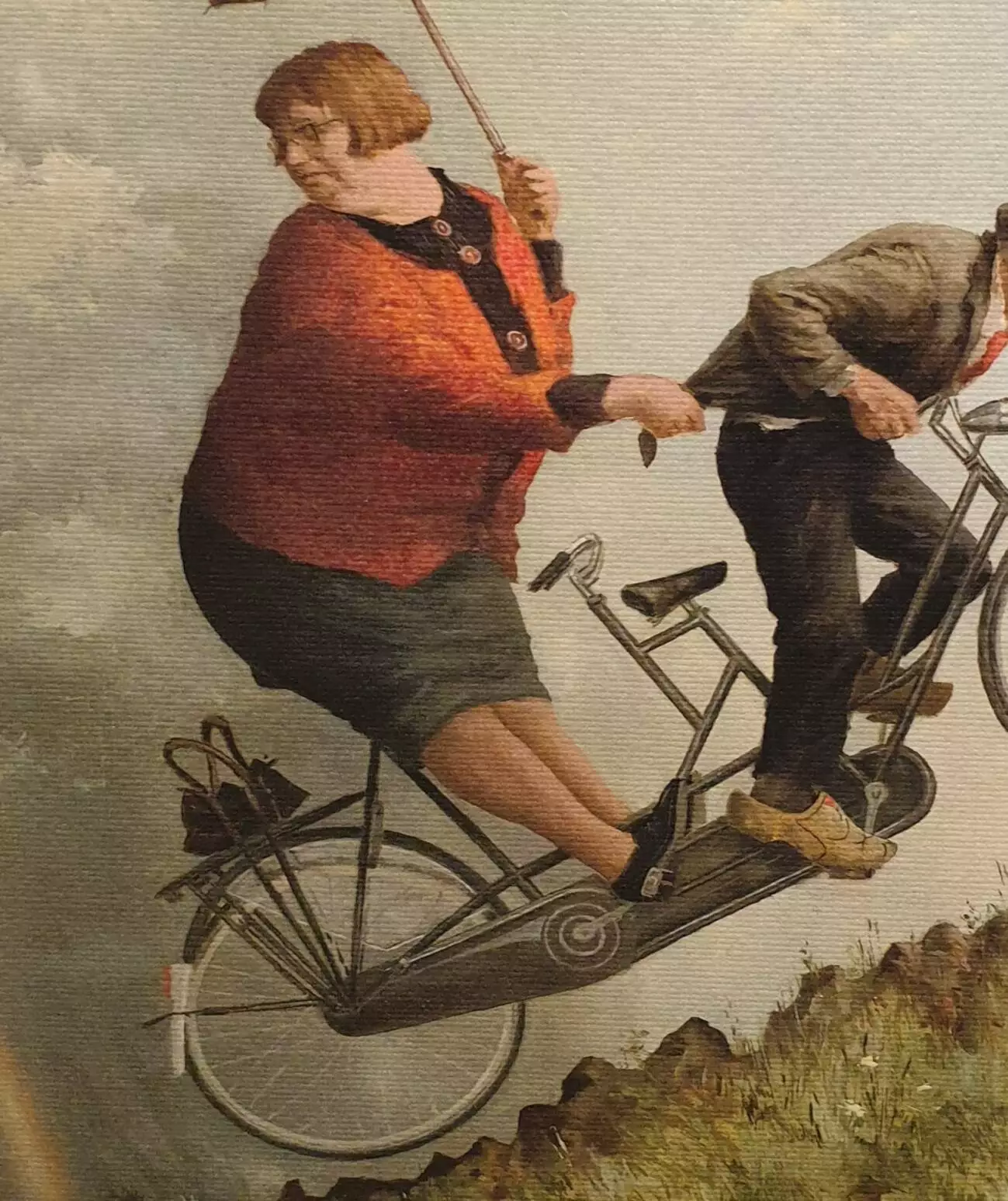 een schilderij van twee mensen die op een fiets rijden