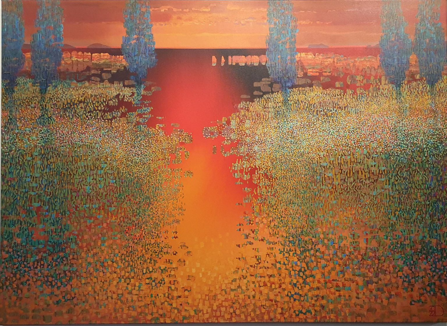 een schilderij met bomen en water op de achtergrond