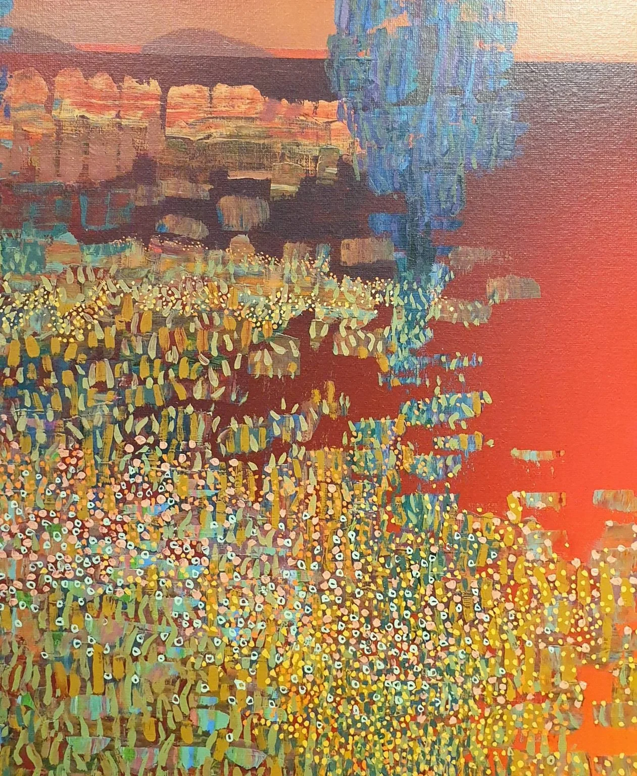 een abstract schilderij met veel kleuren en vormen