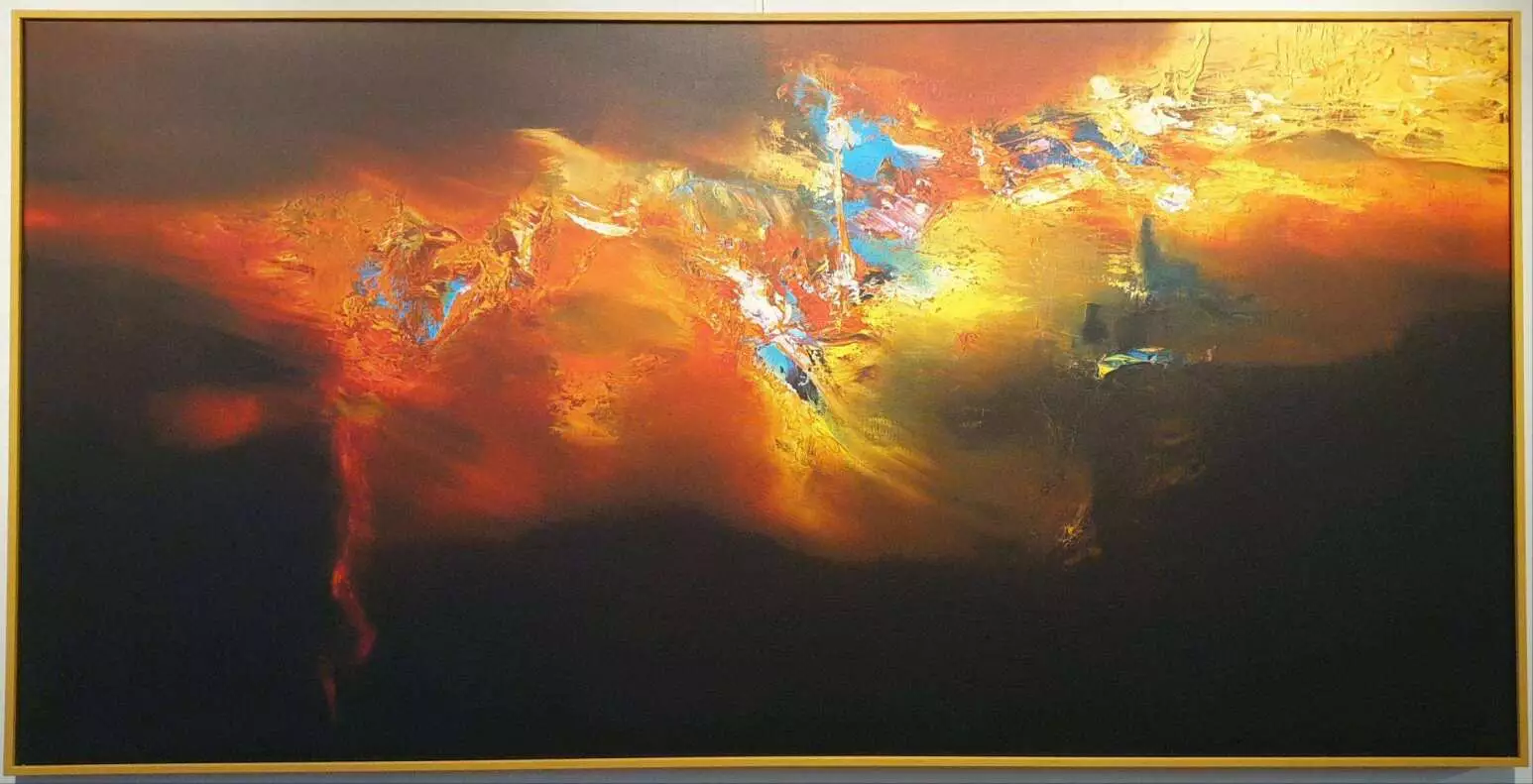 een abstract schilderij met oranje en blauwe kleuren