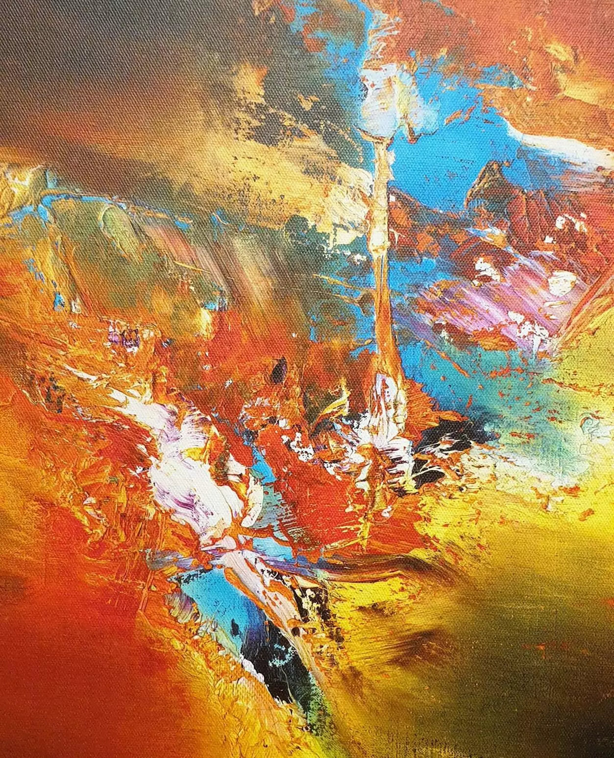 een abstract schilderij met oranje, blauwe en gele kleuren