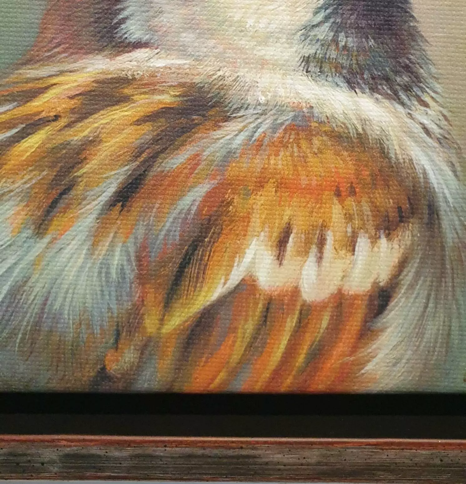 een schilderij van een vogel met gele en witte veren