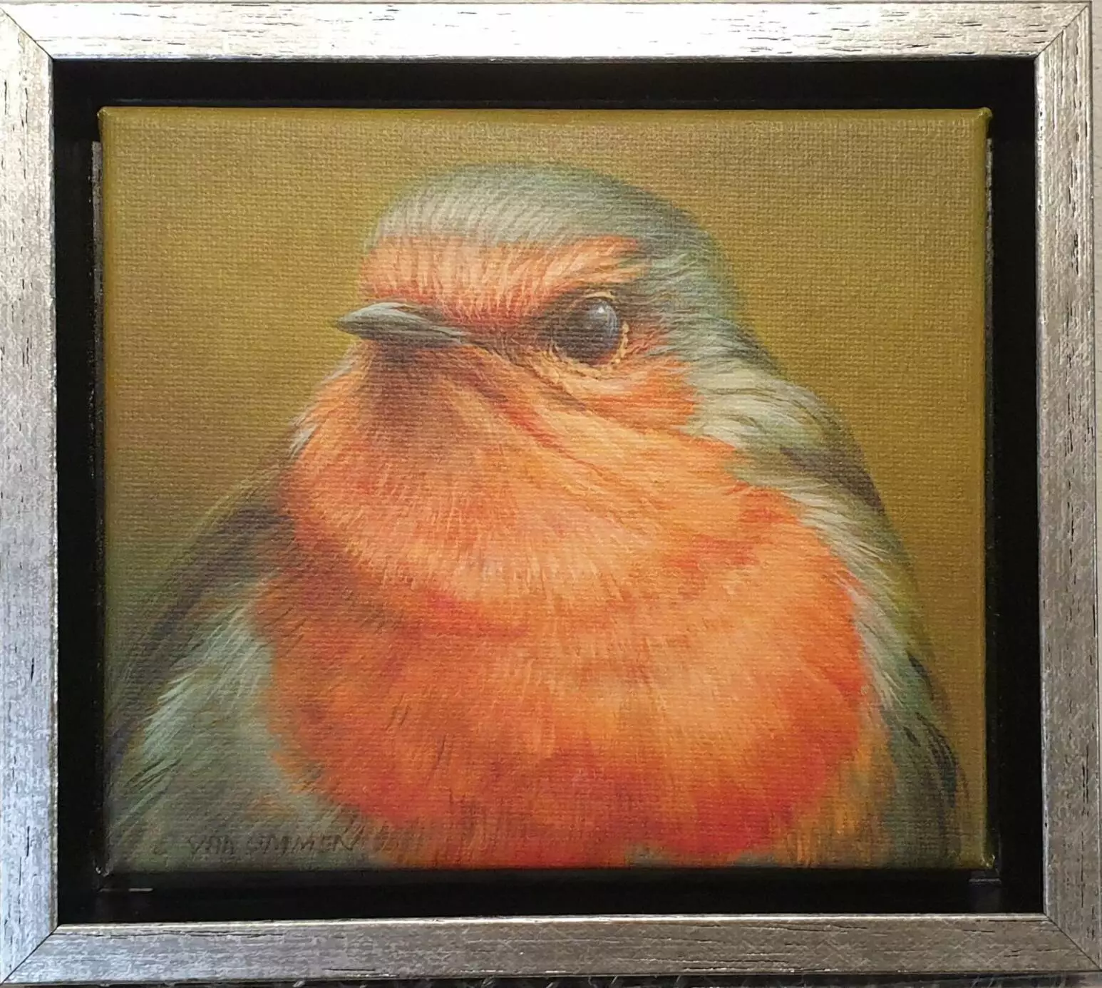 een schilderij van een kleurrijke vogel in een zilveren lijst