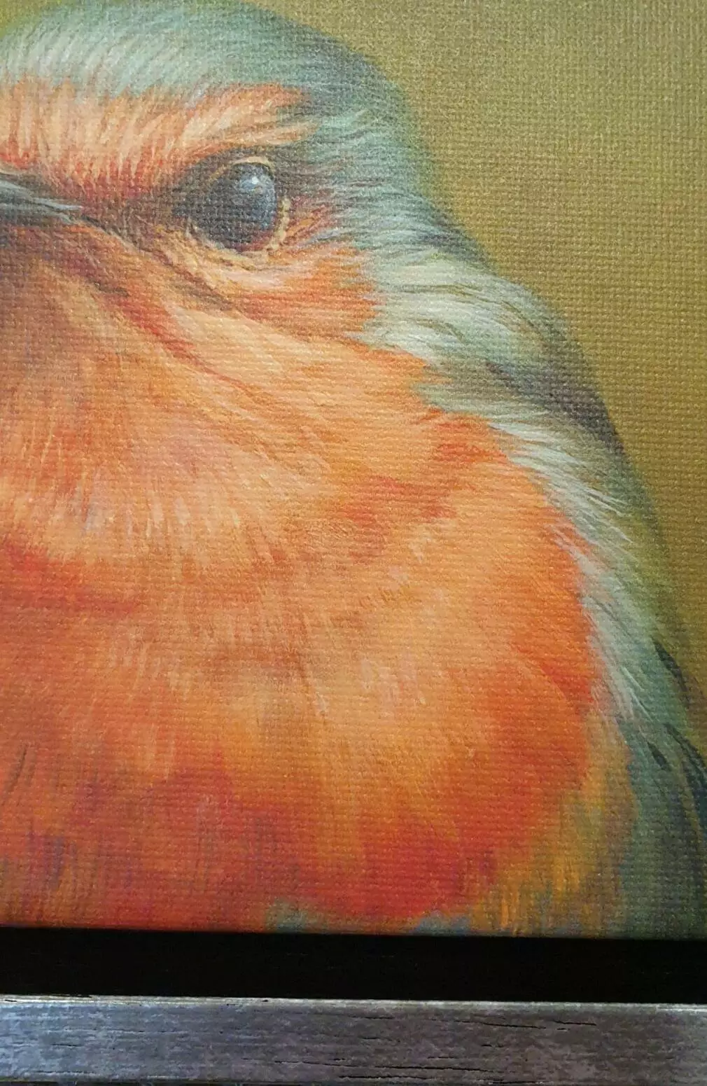 een schilderij van een vogel met oranje en blauwe veren