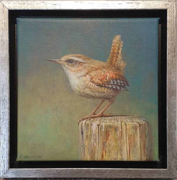 een schilderij van een vogel zittend op een houten paal