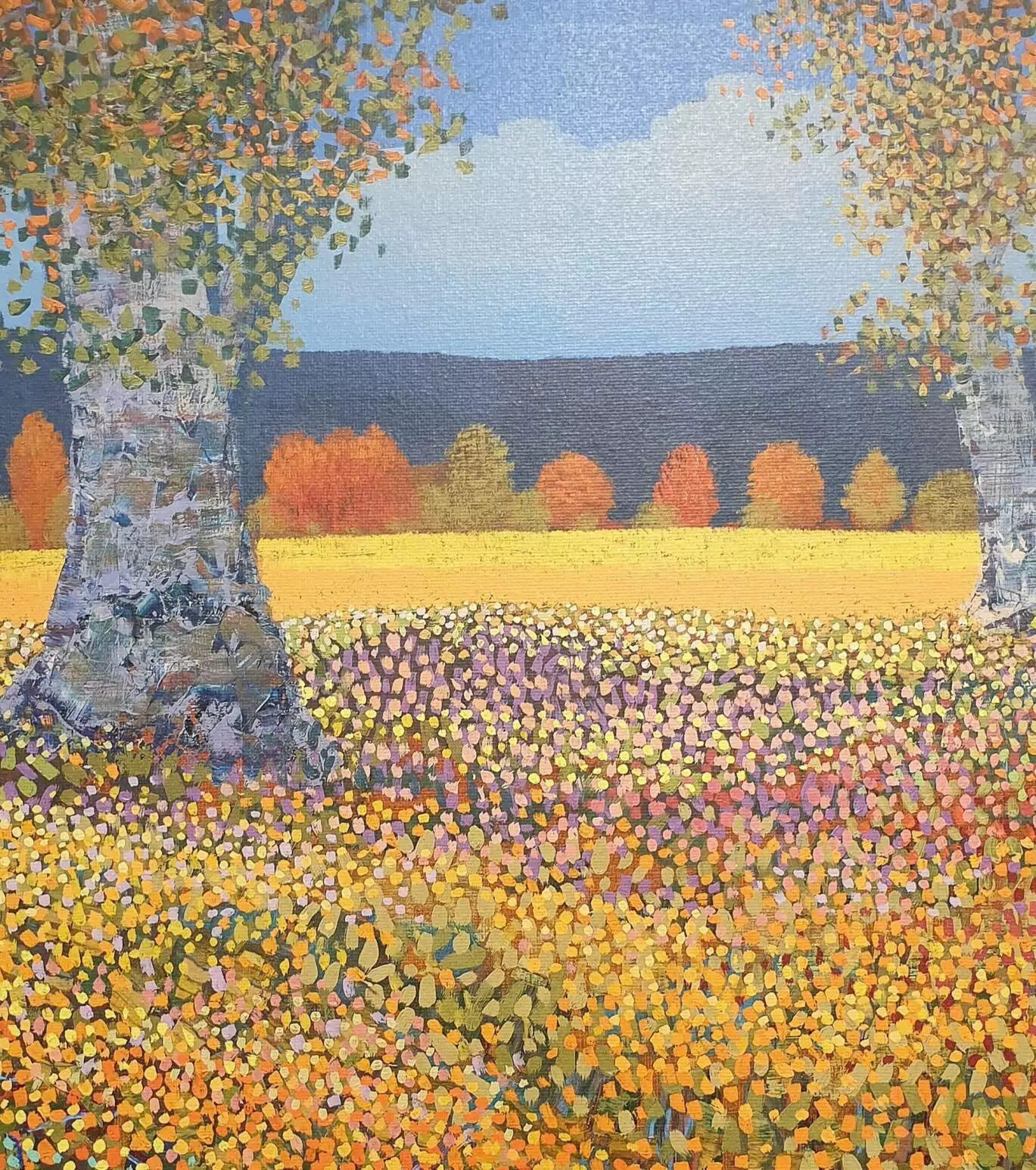 een schilderij van bomen en bloemen in een veld