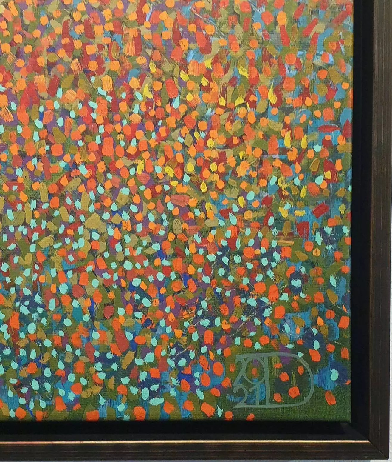 een abstract schilderij met veel kleuren en vormen