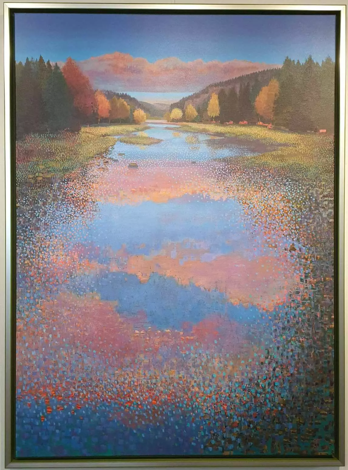 een schilderij van een rivier met bomen op de achtergrond