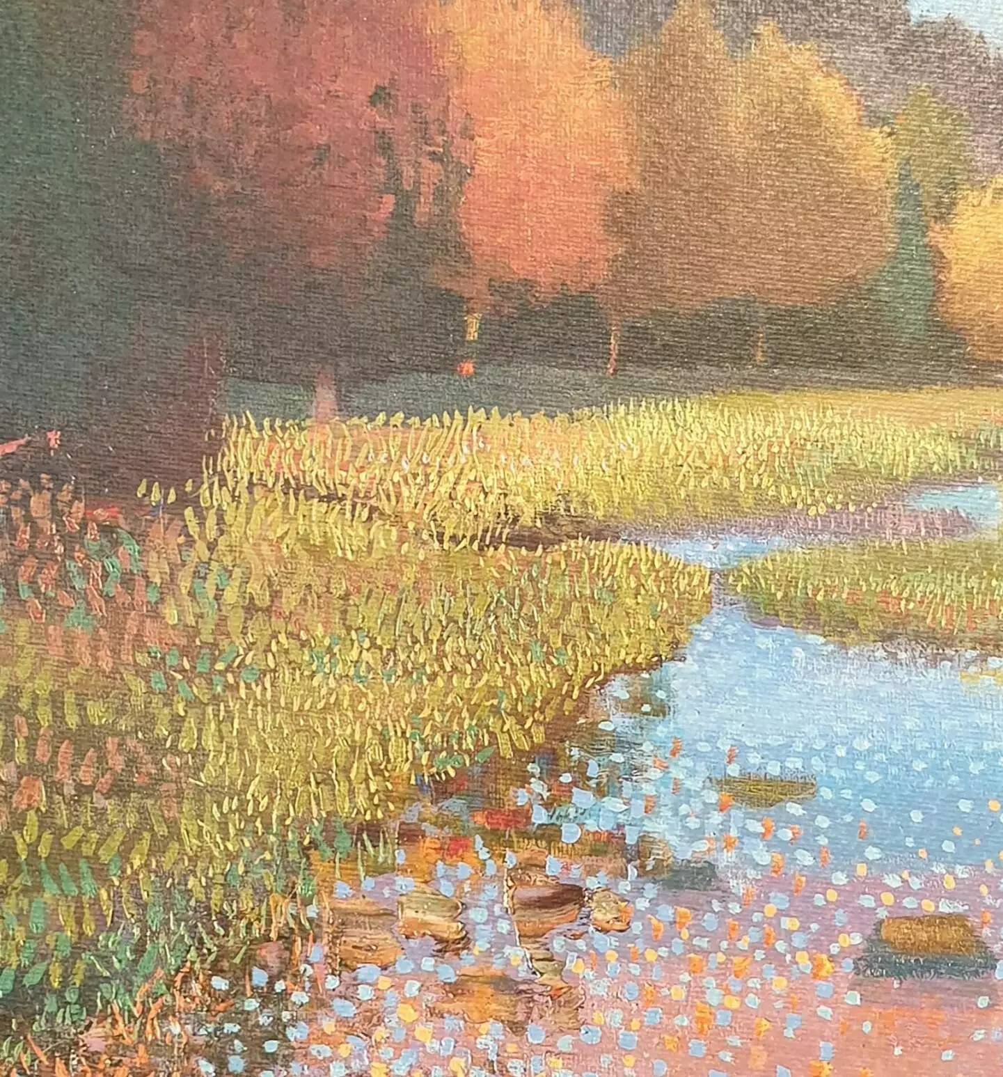 een schilderij van een rivier met eenden erin