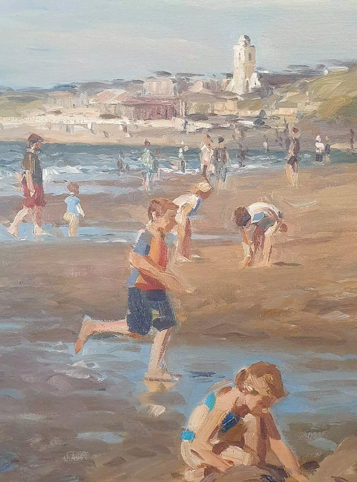 een schilderij van spelende kinderen op het strand