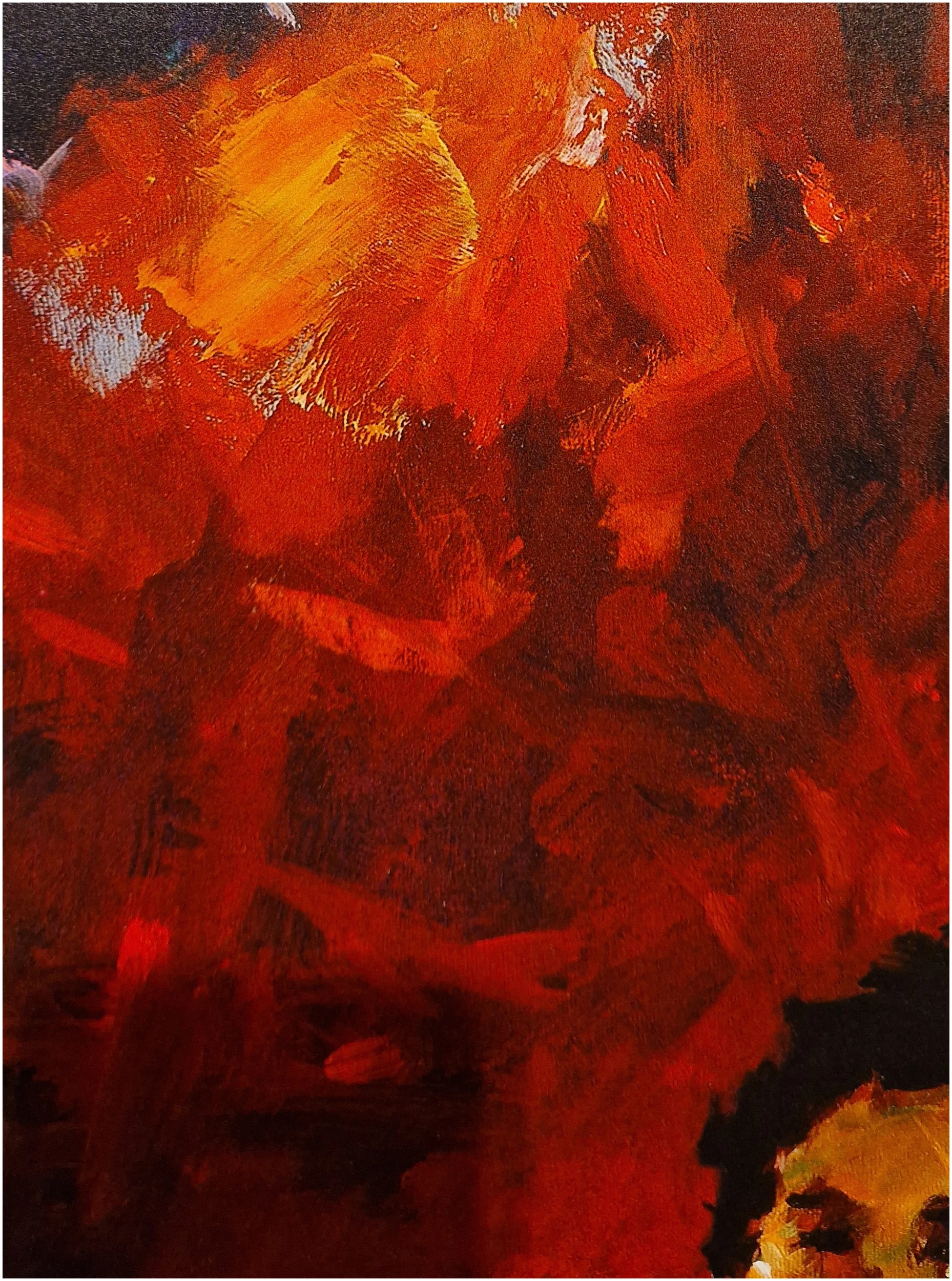 een abstract schilderij met oranje en rode kleuren