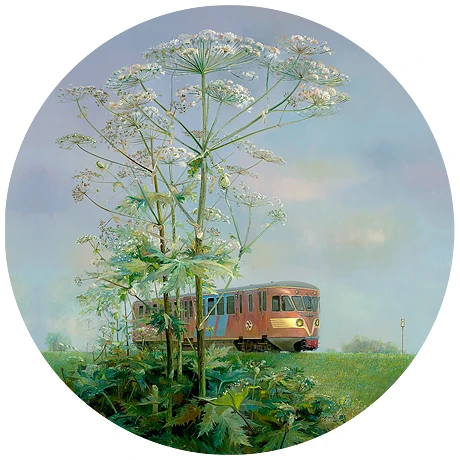 een schilderij van een bus en bloemen in een veld