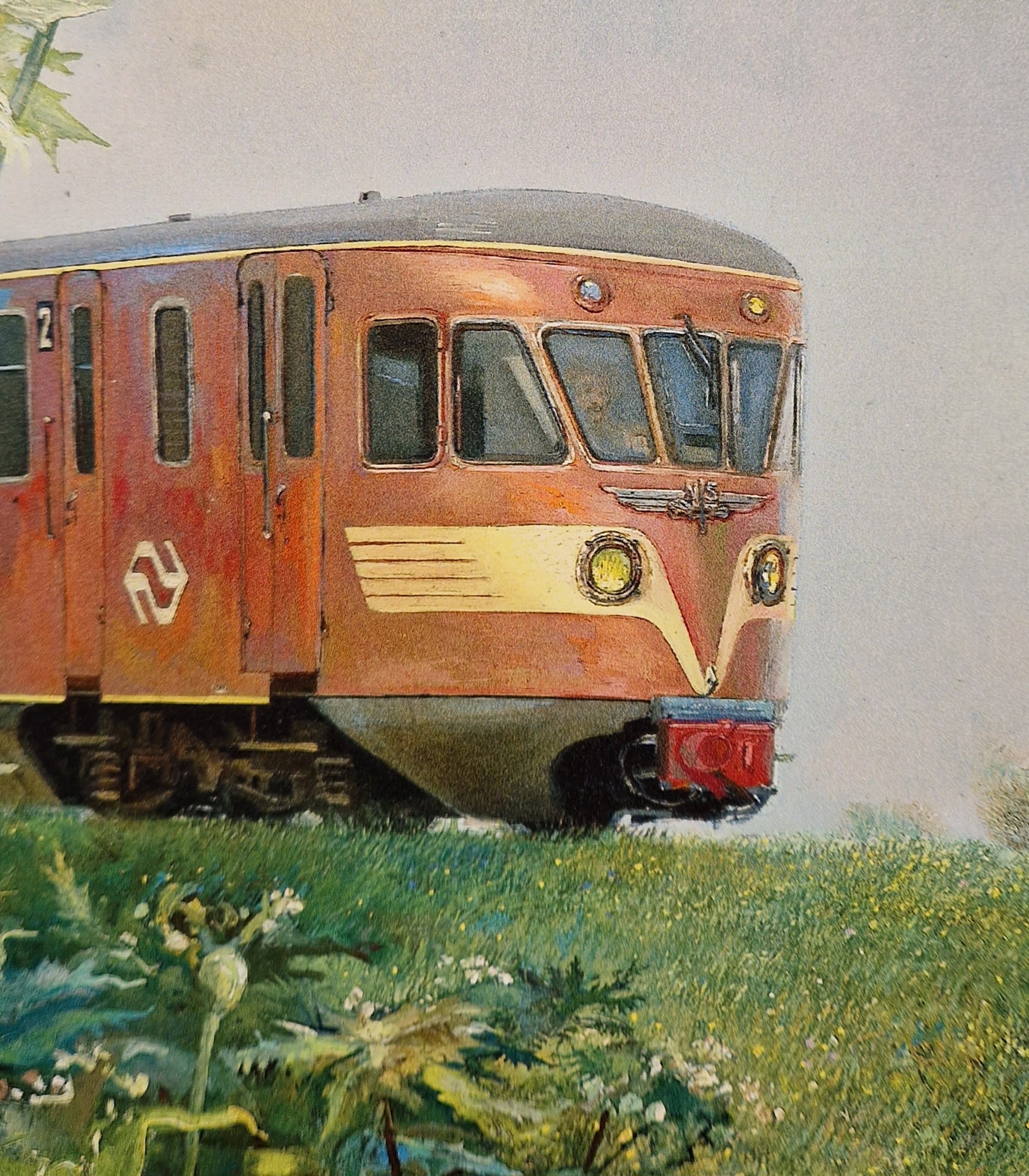 een schilderij van een trein op het spoor