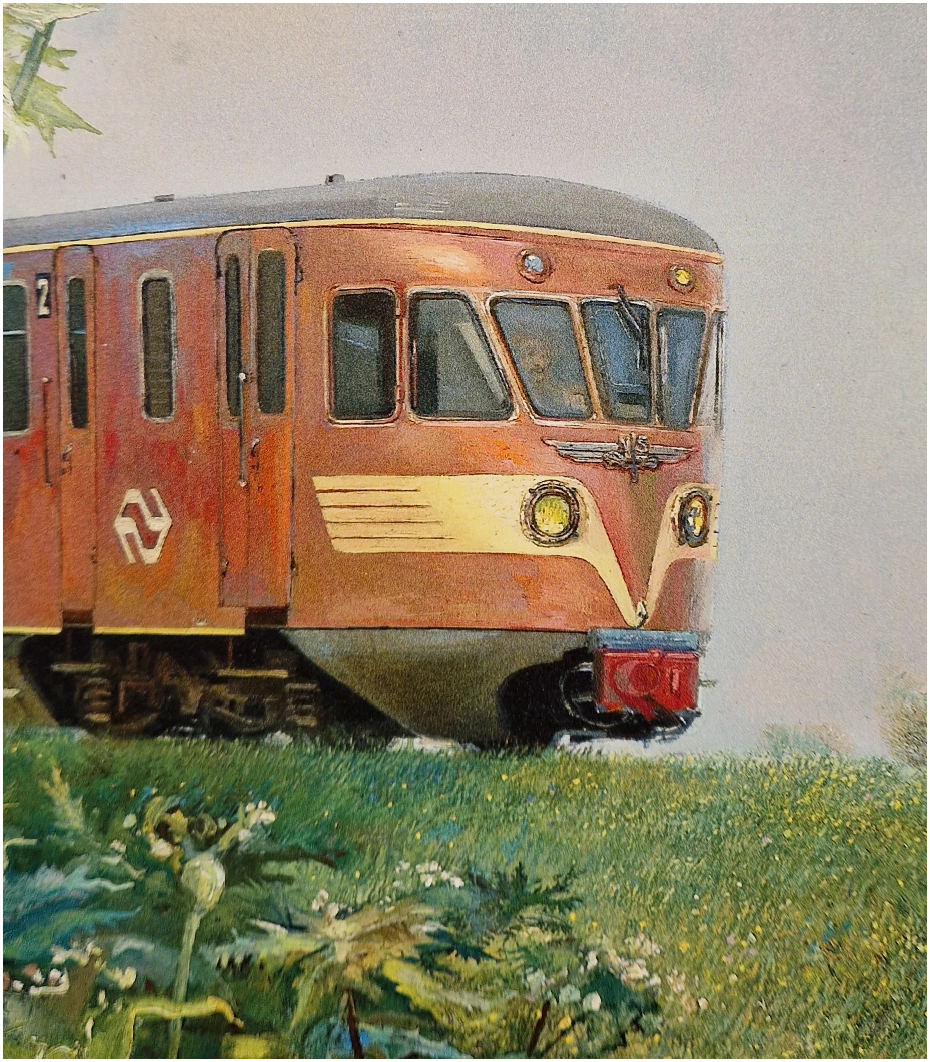 een schilderij van een trein op het spoor