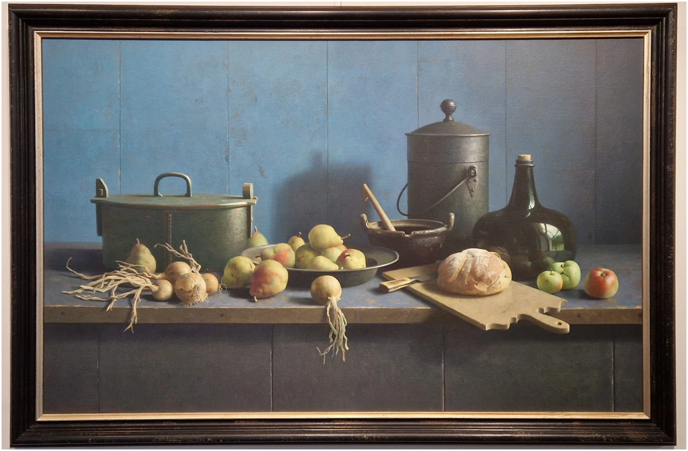 een schilderij van groenten en fruit op een tafel