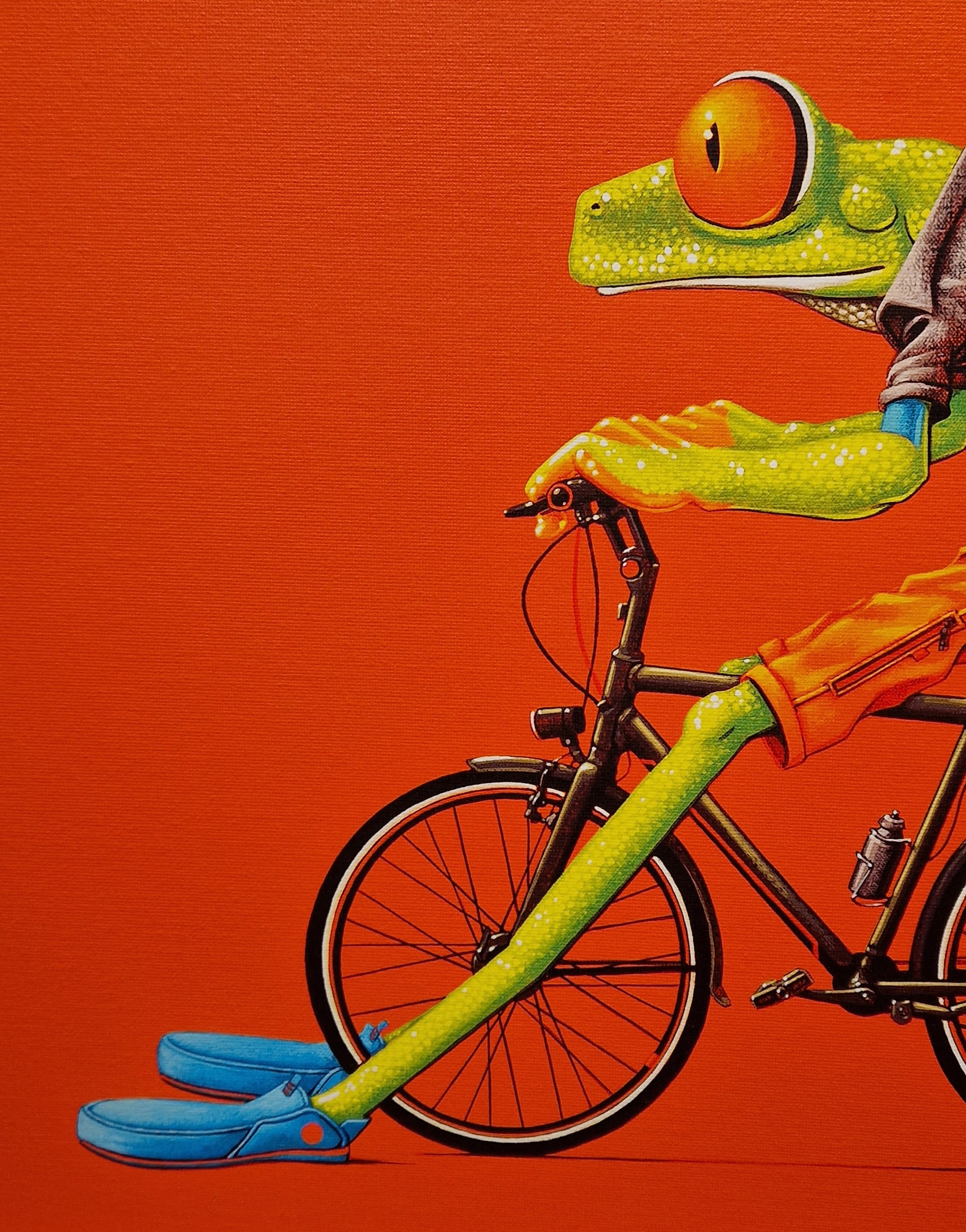 een schilderij van een kikker die fietst