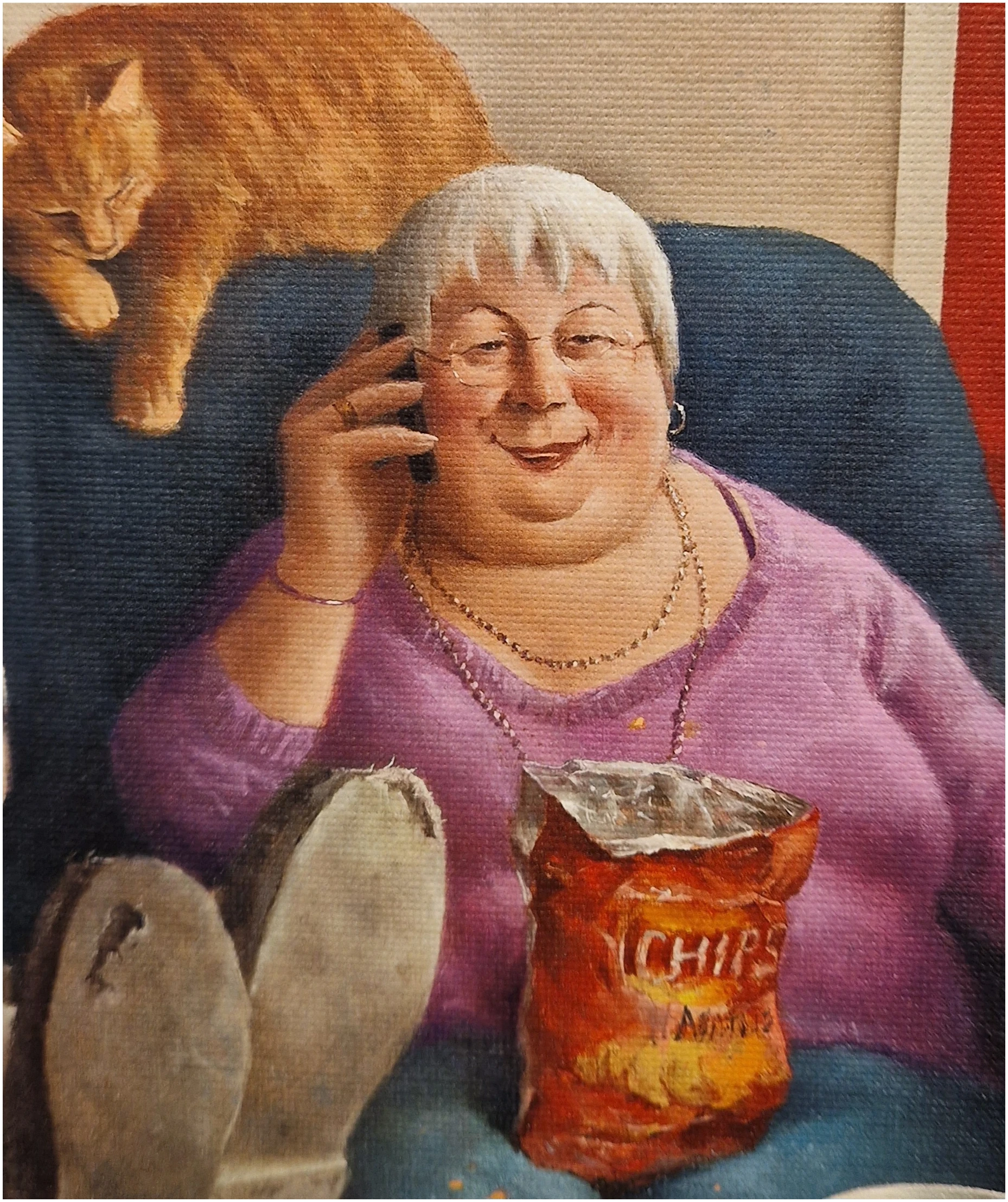 een schilderij van een vrouw zittend op een bank naast een kat