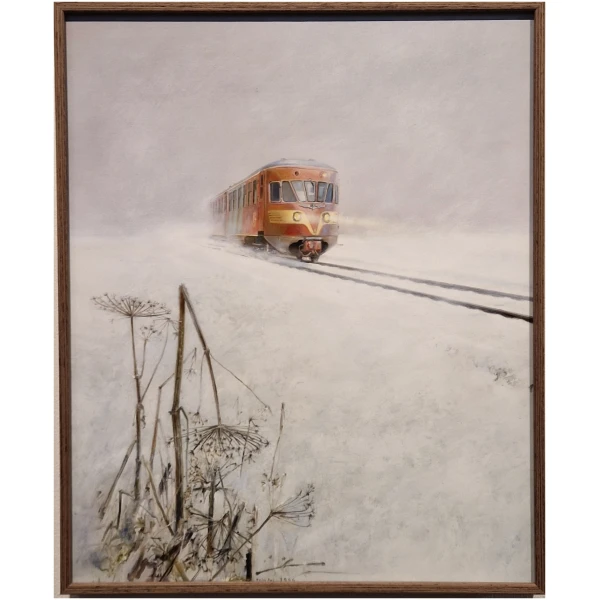 een schilderij van een trein die door de sneeuw rijdt