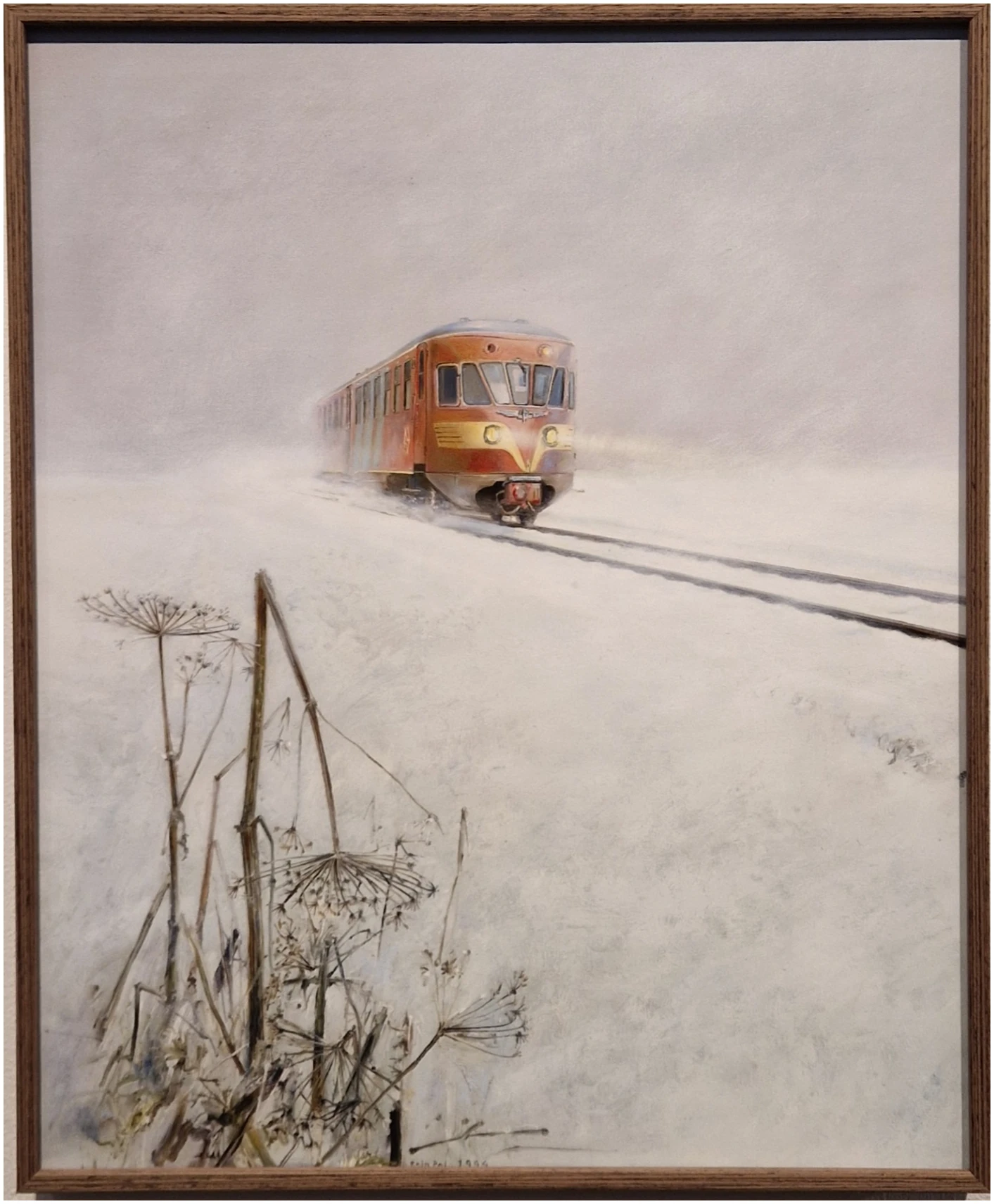 een schilderij van een trein die door de sneeuw rijdt