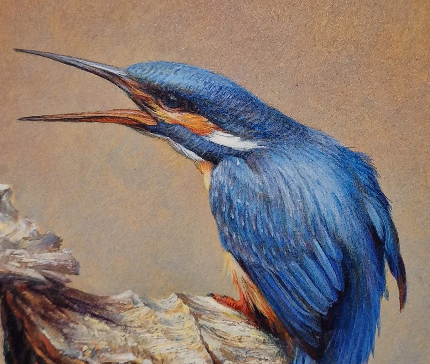 een schilderij van een blauwe vogel met zijn snavel open