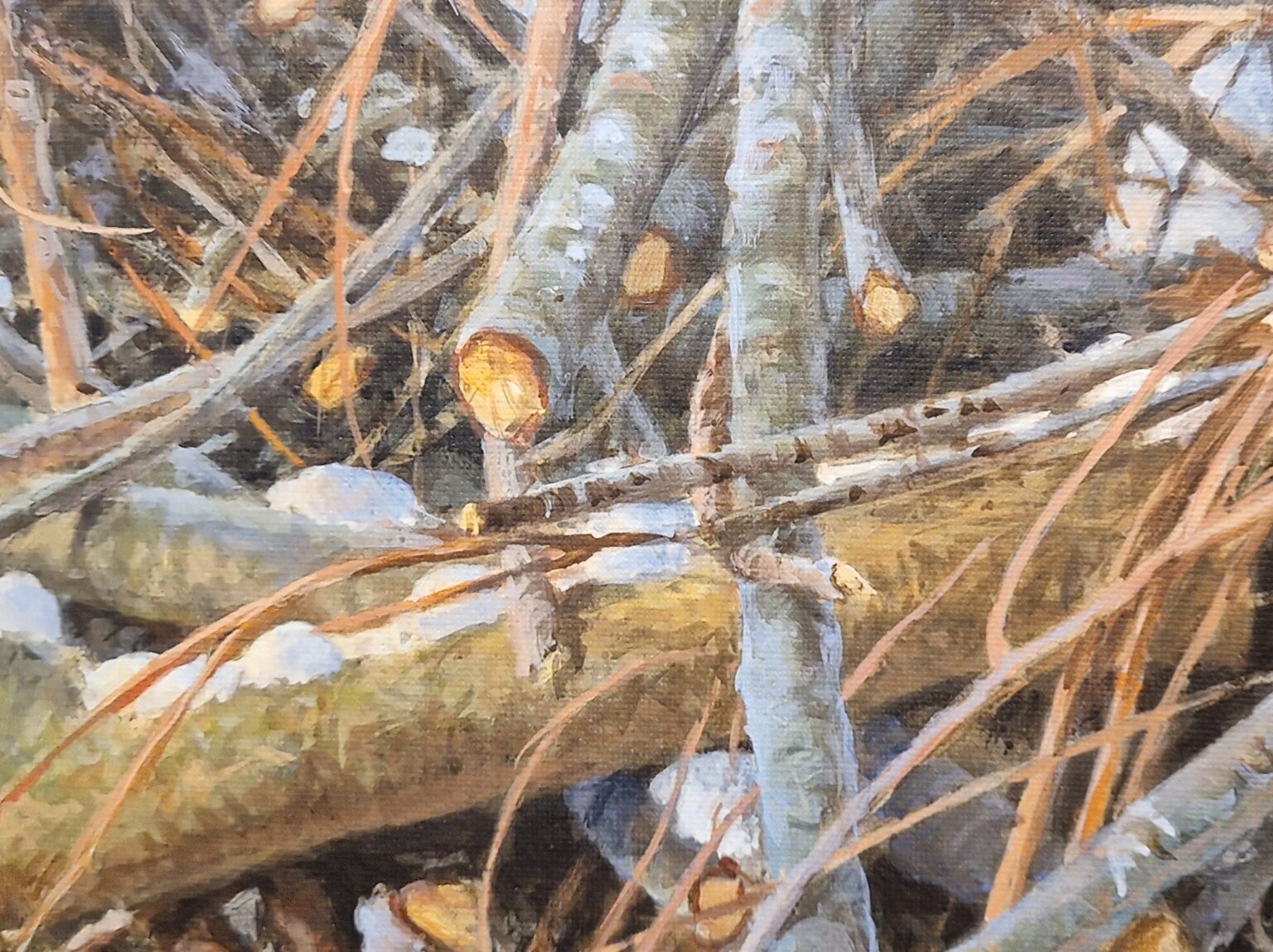 een olieverfschilderij van enkele bomen in het bos