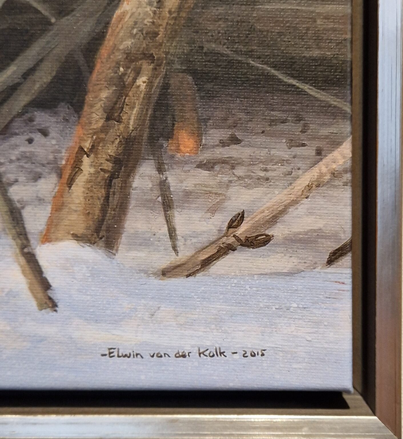 een schilderij van een vogel in de sneeuw